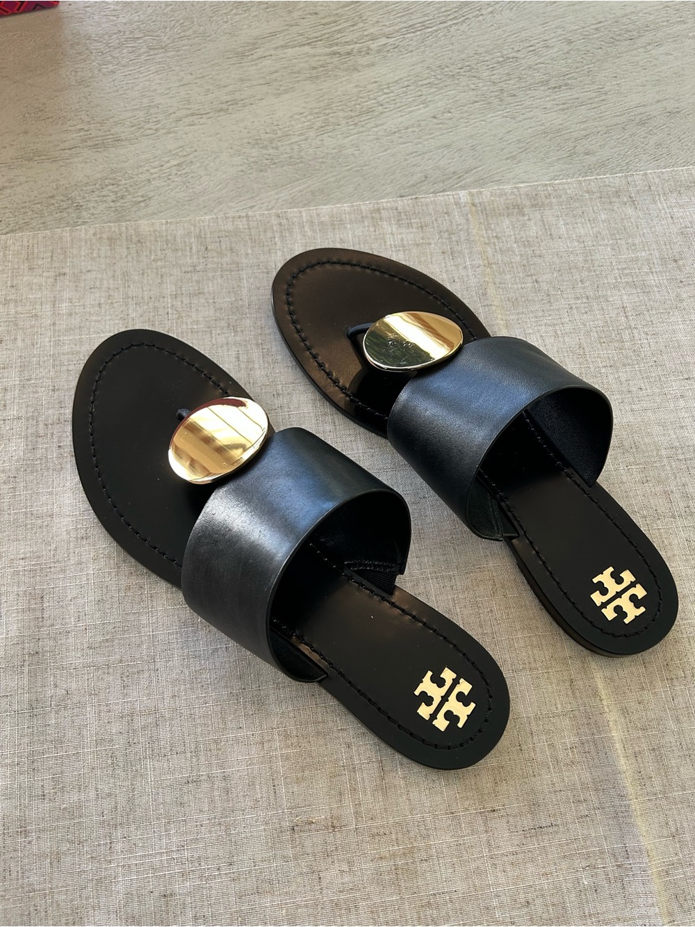 Tory Burch Patos Disk Sandal, Black/Gold, Size 10, Slightly worn. - Picture 3 of 6